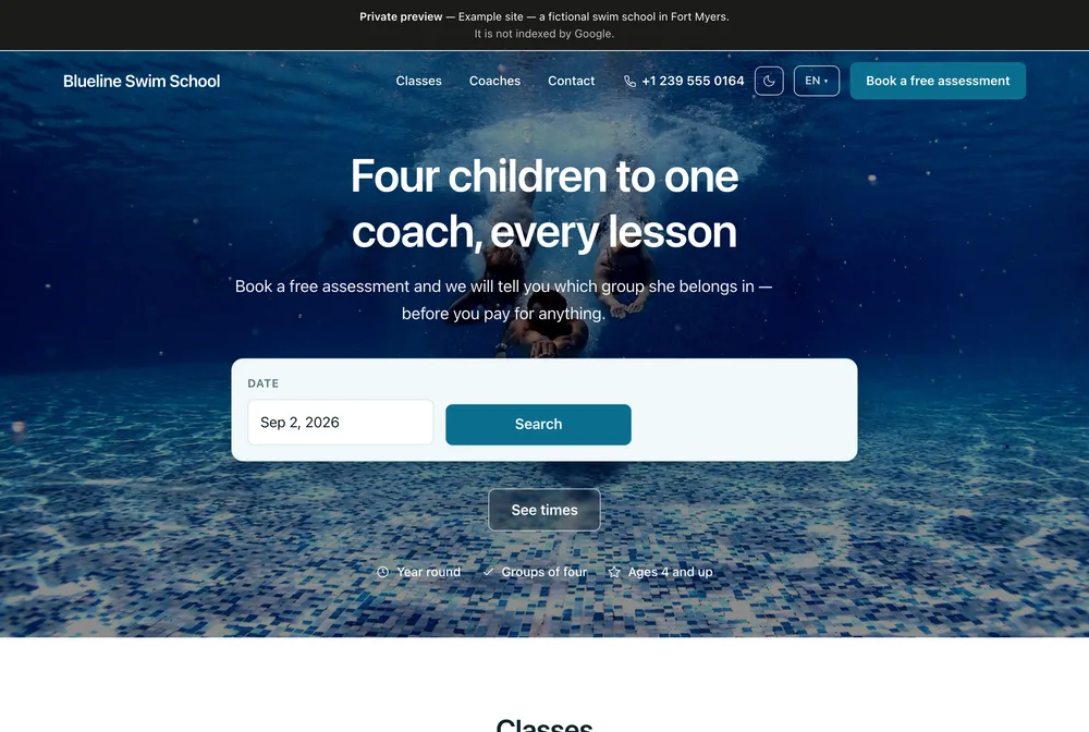 Blueline Swim School: a deep blue underwater photograph behind the booking page