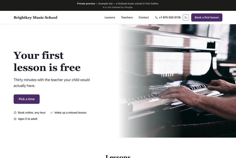 Brightkey Music School: a calm page with hands on a piano keyboard