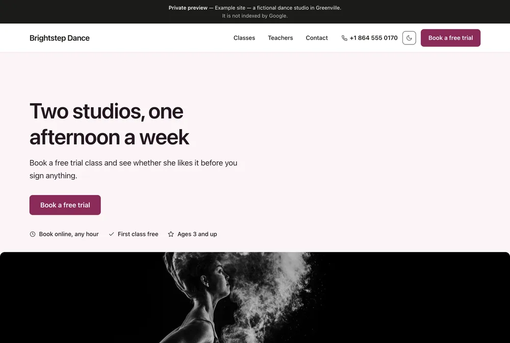 Brightstep Dance: a pale pink page with a large headline and a dancer photographed in powder
