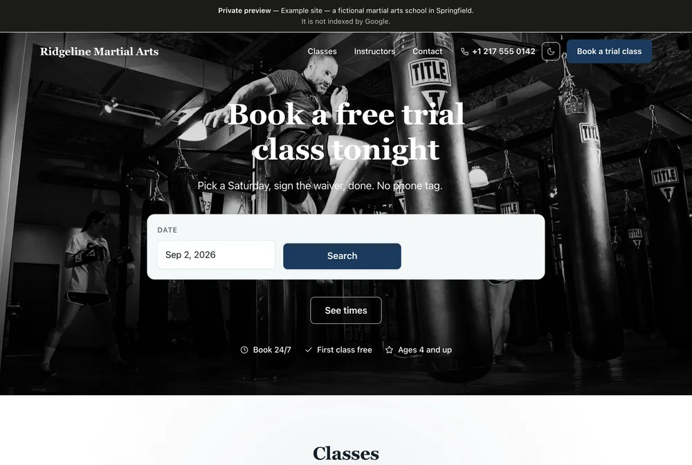 Ridgeline Martial Arts: a black and white photo of a gym with heavy bags, and a date picker over it